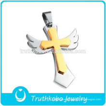 Gold Cross Attached Silver Angle Wings 316L Stainless Steel Pendant